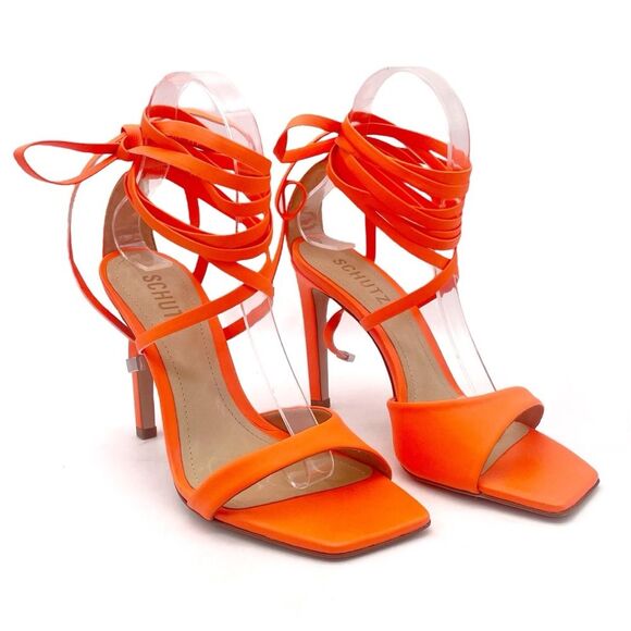 NEW Schutz Bryce Leather Stiletto Sandals Neon Orange Lace-Up Sandals Size 7.5 - Picture 7 of 16